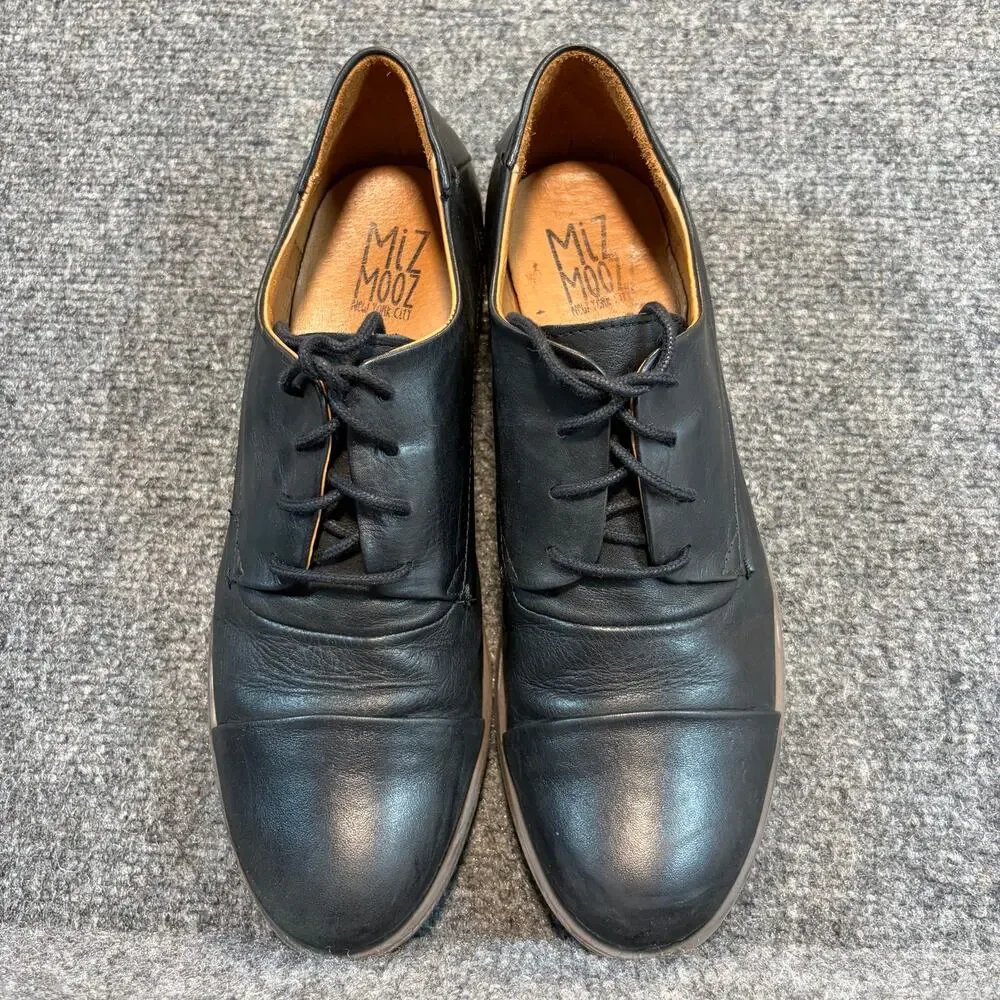 Miz Mooz Black Leather Oxford Lace Up Block Heel Dress Shoes Size 9 EU 39